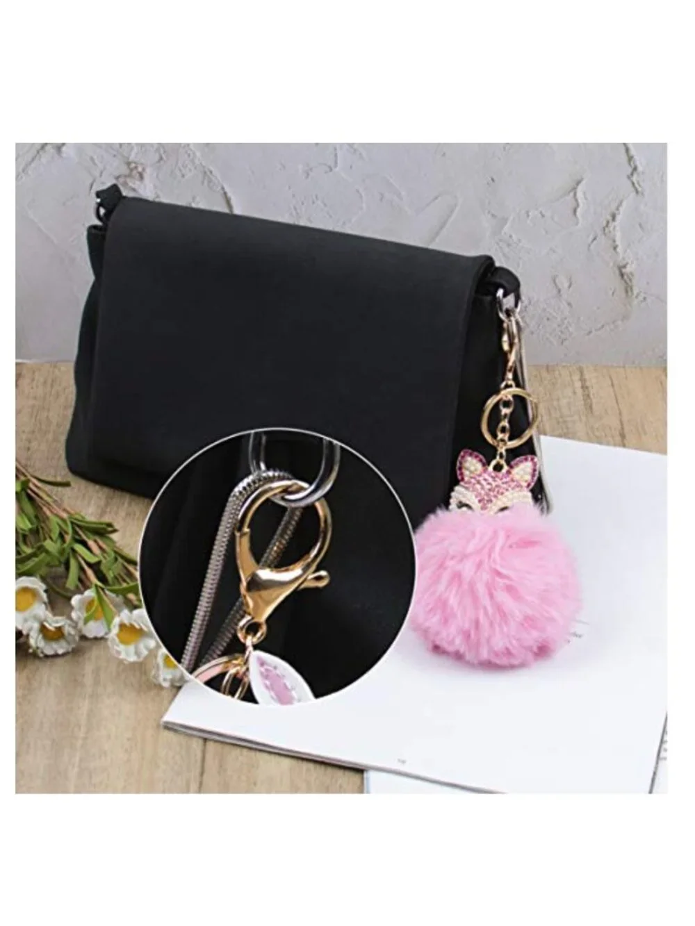6 Pack Cute Animal Pom Pom Keychains Faux Fur Fluffy Key Rings for Women Girls